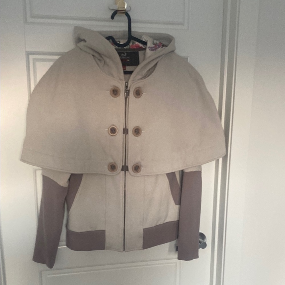 Cream and Brown Hooded Cape Jacket with Modern Layered Design